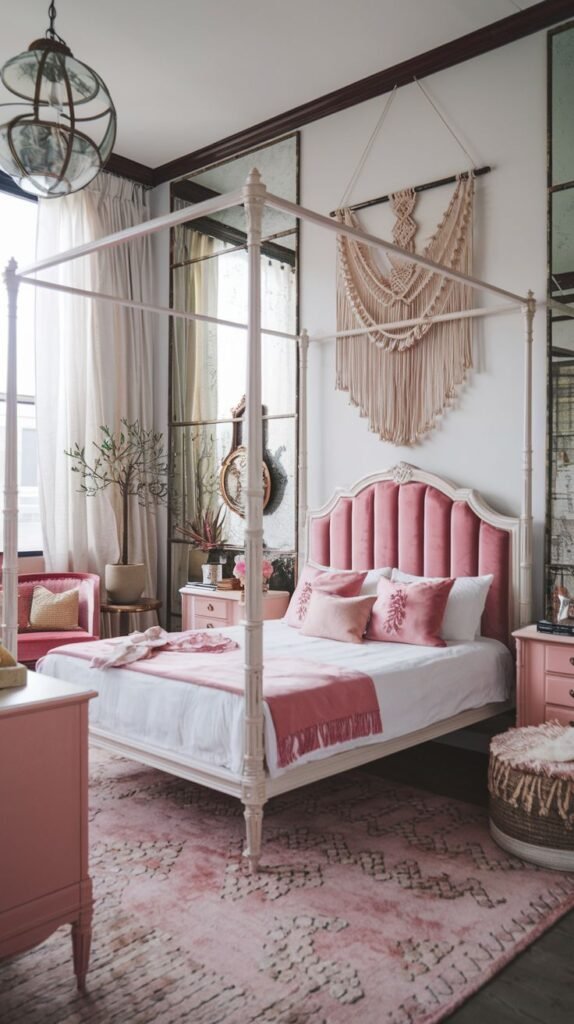 Four-poster bed with a dusty rose velvet headboard, contrasting large macrame wall hanging, distressed antique mirrors, and glass pendant light in a luxurious Beachy Boho Bedroom.