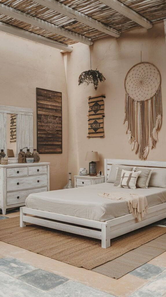 Whitewashed rustic furniture set, large circular dream catcher wall art, straw ceiling treatment, and a jute rug in an earthy Beachy Boho Bedroom.