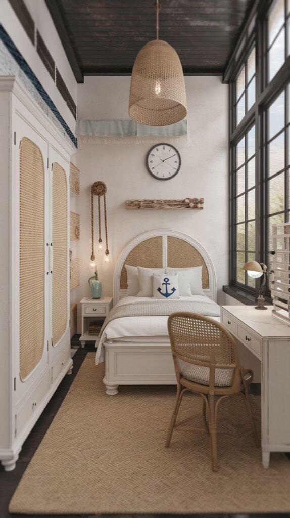 Small Beachy Boho Bedroom utilizing cane inserts in the wardrobe and headboard, dark ceiling contrast, and nautical accents like a rope pendant and anchor pillow.