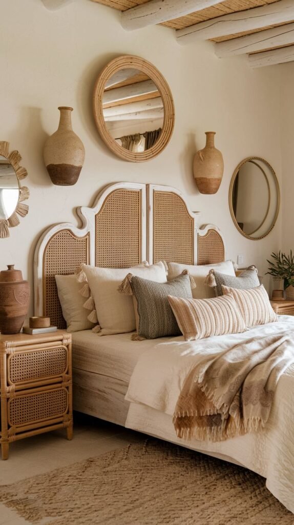 Curved, distressed white headboard with cane inlay flanked by rattan nightstands, decorated with clustered round mirrors and ceramic vases in a light Beachy Boho Bedroom.