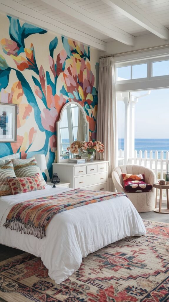 Vibrant Beachy Boho Bedroom overlooking the ocean, featuring a large abstract floral wall mural behind the bed, colorful patterned rug, and white ceiling beams.