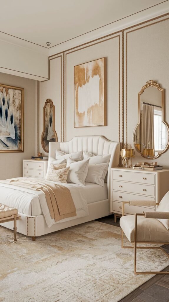 Elegant neutral Beachy Boho Bedroom with gold wall molding trim, white upholstered bed, gold accents on mirrors and a minimalist white and gold area rug.