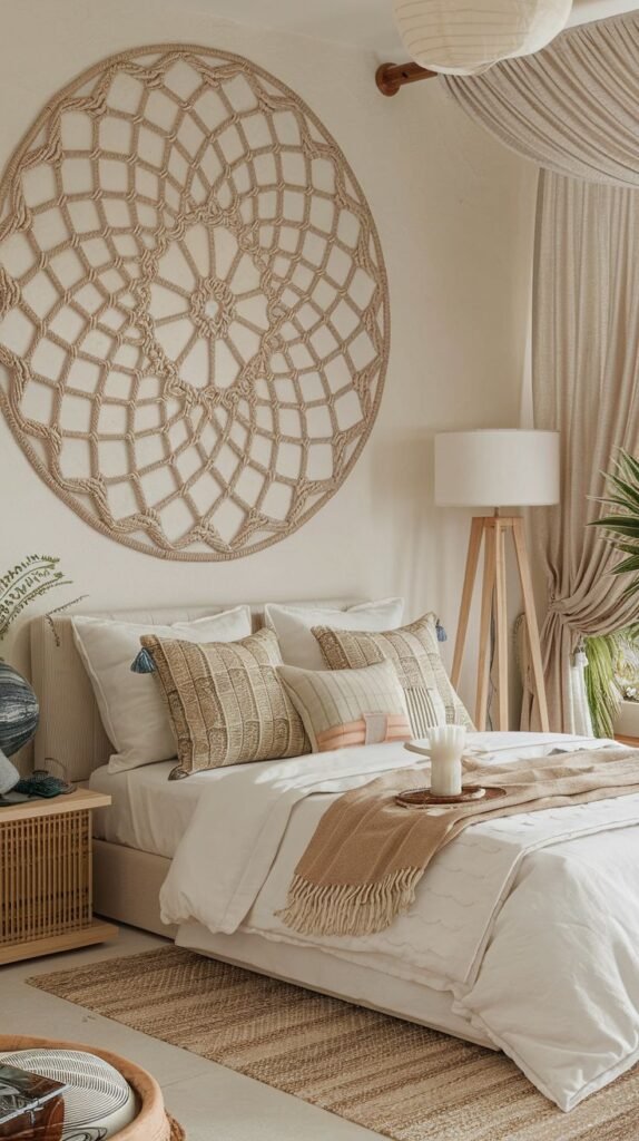 Minimalist Beachy Boho Bedroom in all neutrals, showcasing an oversized circular woven wall hanging above the bed, a tripod lamp, and layered natural fiber rugs.
