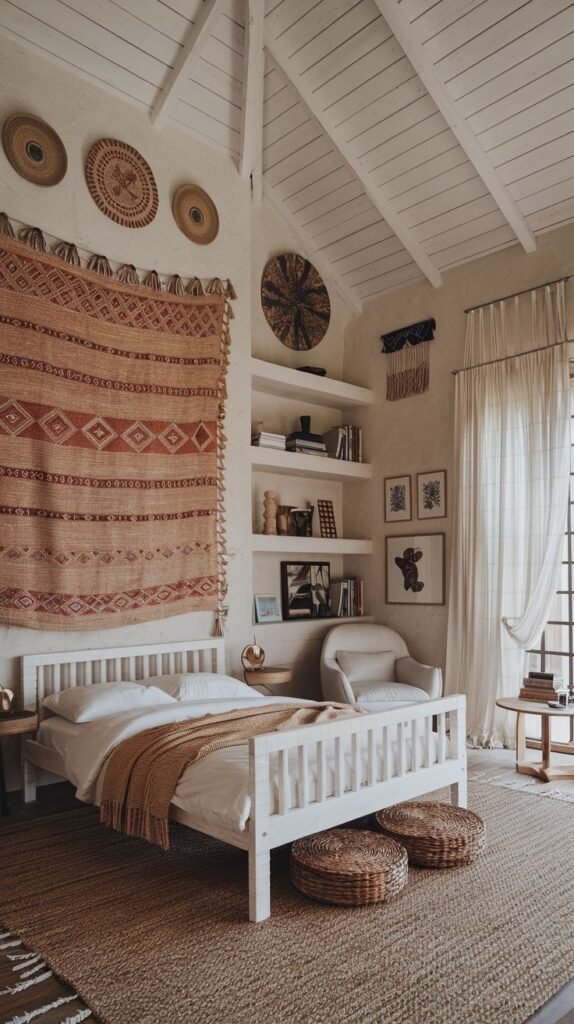 Vaulted ceiling Beachy Boho Bedroom with whitewashed wood bed, a large woven textile tapestry serving as the headboard, floating shelves, and woven baskets on the wall.