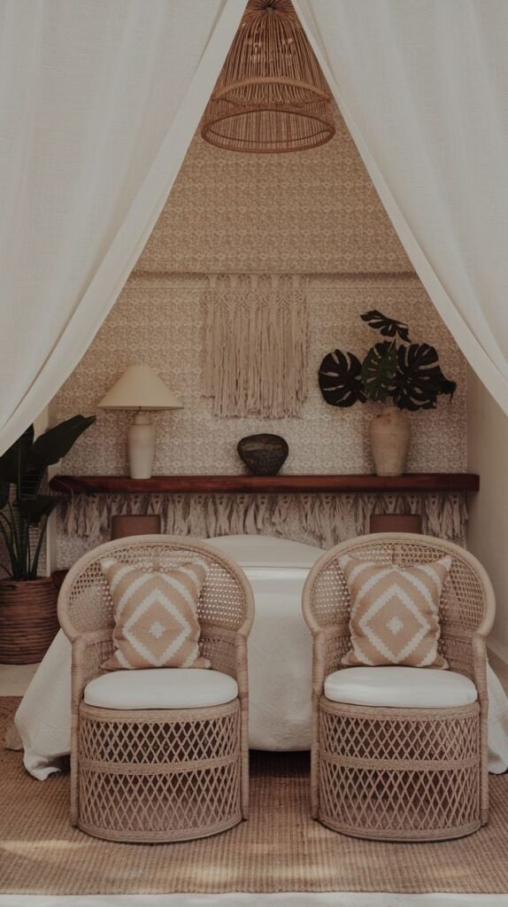 Cozy Beachy Boho Bedroom alcove framed by sheer fabric and a large rattan pendant light, featuring two woven peacock-style chairs in the foreground.