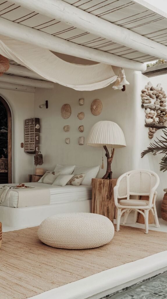 Outdoor or semi-outdoor Beachy Boho Bedroom featuring a low white platform bed, a large round pouf, natural wood stump side table, and coastal shell/rock wall decor.
