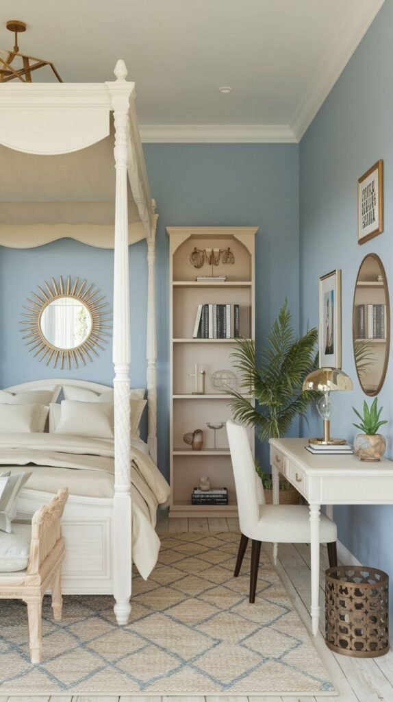 Traditional Beachy Boho Bedroom featuring light blue walls, a white four-poster bed, a sunburst mirror focal point, and a separate desk and bookcase area.