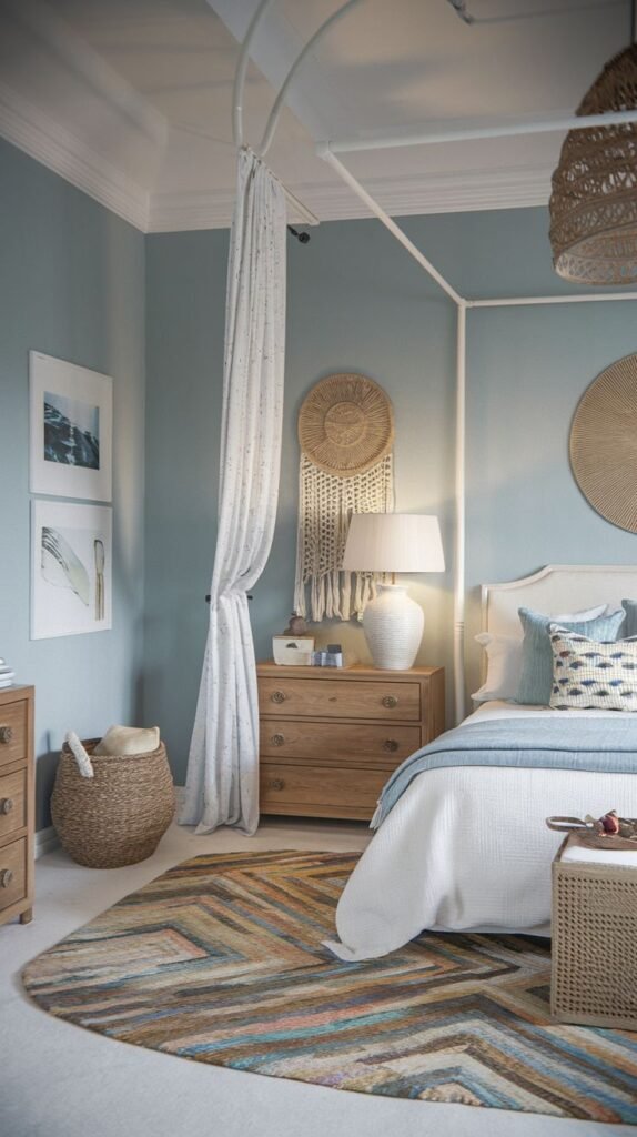 Modern Beachy Boho Bedroom with dusty blue walls, a curved metal canopy rail, wood dressers, and a bold chevron-patterned area rug in earth tones.