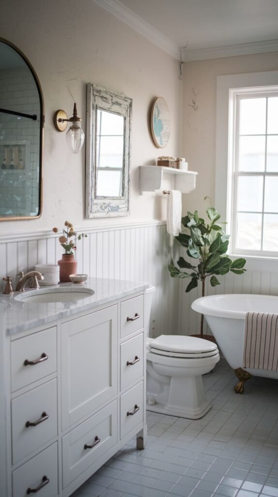White double vanity with dark pulls, light blue-grey square floor tiles, white beadboard, a white clawfoot tub with brass feet, an arched mirror, and coastal decor on shelves in a Beachy Farmhouse Bathroom.