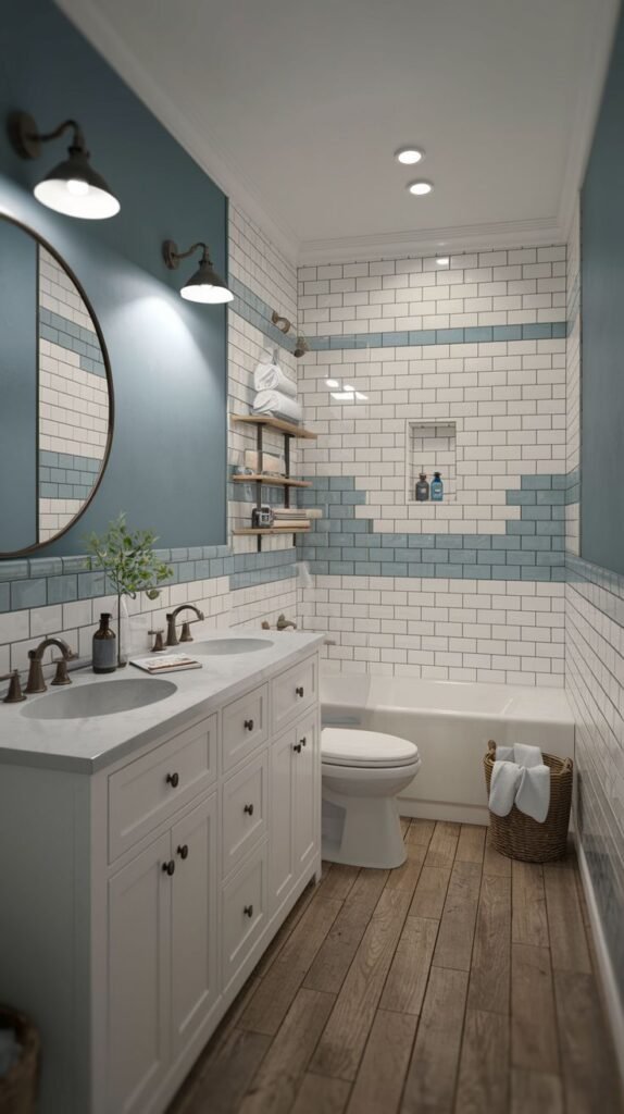 White double vanity, distressed wood plank flooring, walls painted teal/blue above white subway tile that features a horizontal band of light blue tiles, and dark sconces over a round mirror in a Beachy Farmhouse Bathroom.