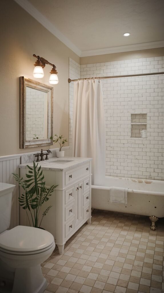 White vanity, antique clawfoot tub, light beige square floor tiles, white beadboard wainscoting, a rustic distressed wood framed mirror, and a simple white shower curtain in a Beachy Farmhouse Bathroom.