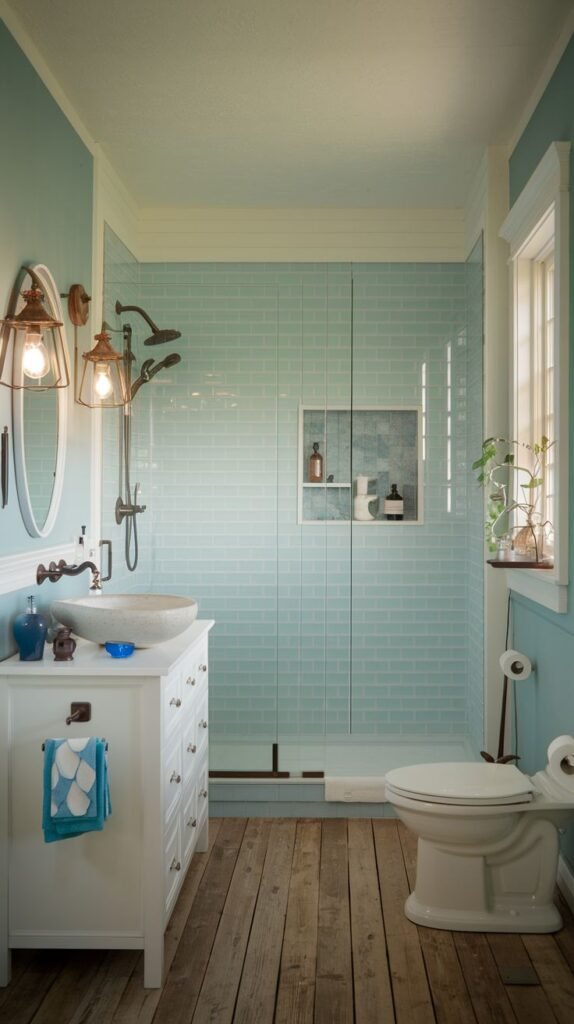 White vanity with a vessel sink, warm wood plank flooring, light blue subway tiled walk-in shower enclosure, and industrial bronze cage-style sconces in a Beachy Farmhouse Bathroom.