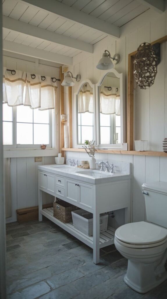 White shiplap walls and ceiling, grey rectangular floor tiles, white double vanity with open shelving and storage baskets, and a large rattan or woven light fixture in a light Beachy Farmhouse Bathroom.