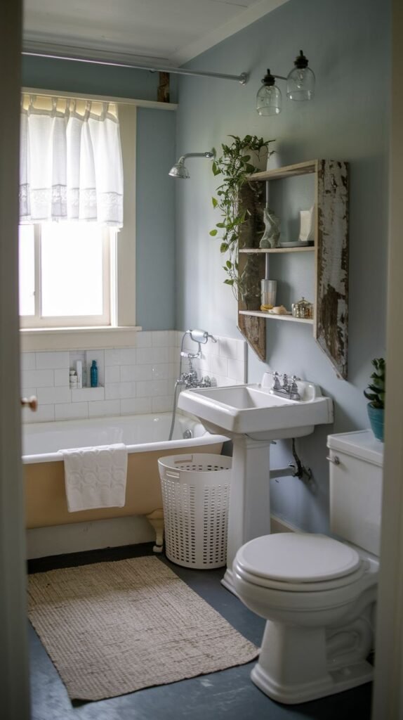 Pedestal sink, light blue walls above white tile, white tub, sheer white window curtain, and a distressed reclaimed wood floating shelf unit in a vintage Beachy Farmhouse Bathroom.