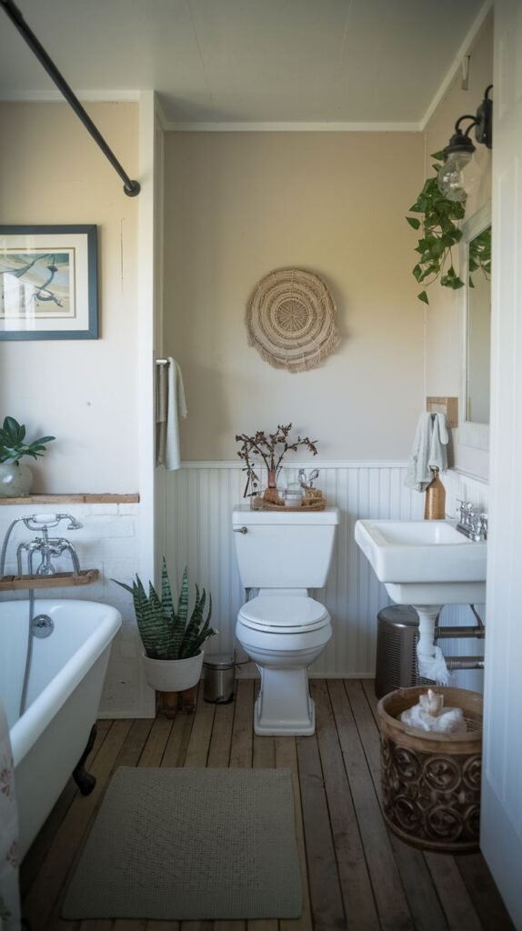 White wall-mounted sink, white beadboard wainscoting with tan upper walls, wide wood plank flooring, a clawfoot tub, a woven wall hanging, and various potted plants in a Beachy Farmhouse Bathroom.