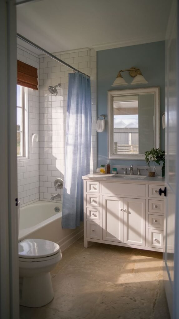White vanity, light blue walls, white subway tile around the tub, a blue gingham shower curtain, a brown woven shade on the window, and light tan floor tiles in a bright Beachy Farmhouse Bathroom.