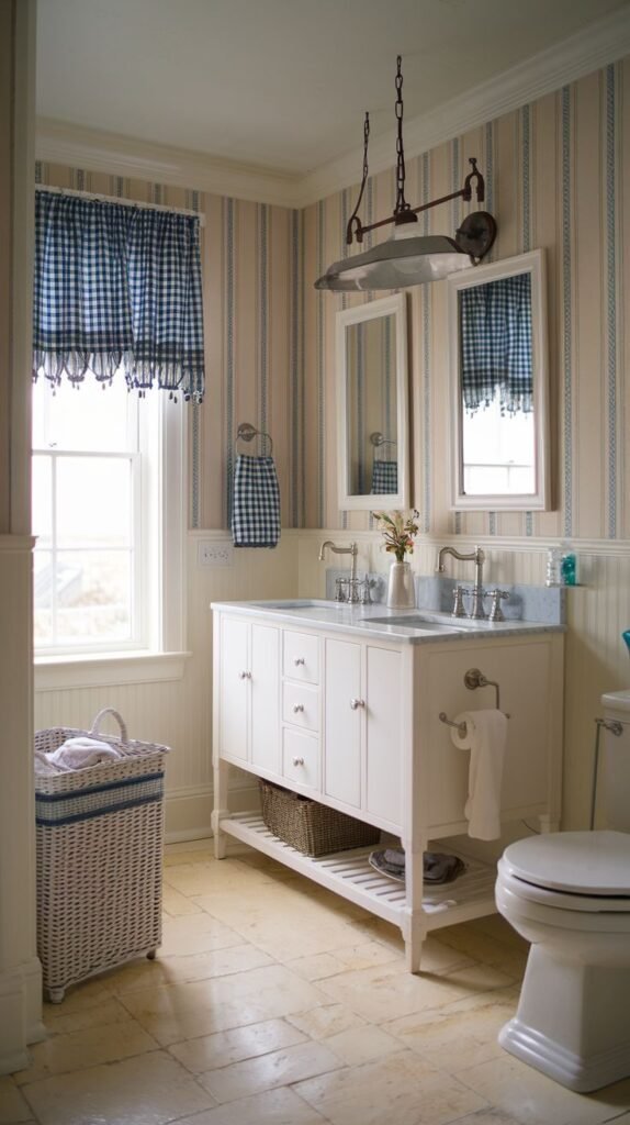 White double vanity, striped blue and white wallpaper above white beadboard, blue and white gingham window valance, and a vintage trough-style light fixture in a nautical Beachy Farmhouse Bathroom.
