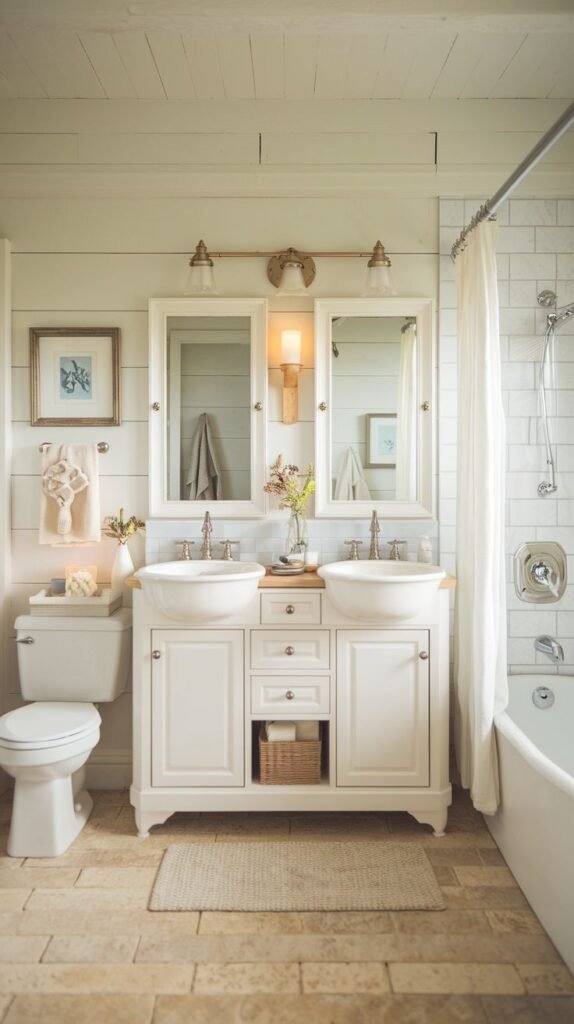 Cream-colored double vanity with vessel sinks, white shiplap walls and ceiling, tub with white subway tile surround, neutral tan floor tiles, and dual framed mirrors in a soft Beachy Farmhouse Bathroom.