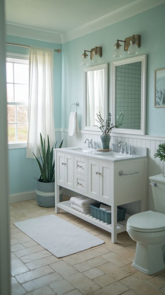 White double vanity, light blue walls above white beadboard, sheer white window curtains, and large terracotta/tan colored rectangular floor tiles in a soothing Beachy Farmhouse Bathroom.