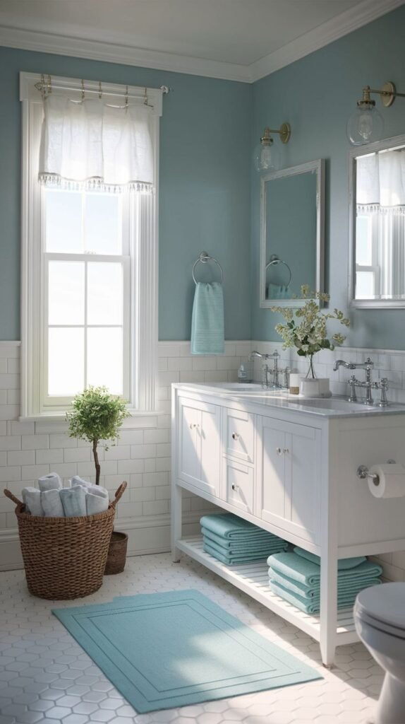 White double vanity with open shelf storage holding blue towels, aqua blue walls, white subway tile wainscoting, white hexagon floor tiles, and a large woven basket in a Beachy Farmhouse Bathroom.