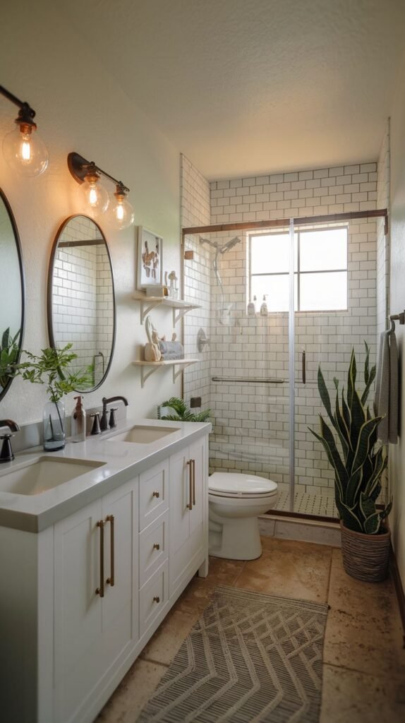White double vanity with gold pulls, black round mirrors, industrial sconces with exposed bulbs, white subway tiled shower, and a zigzag patterned rug on the tan stone floor in a modern Beachy Farmhouse Bathroom.
