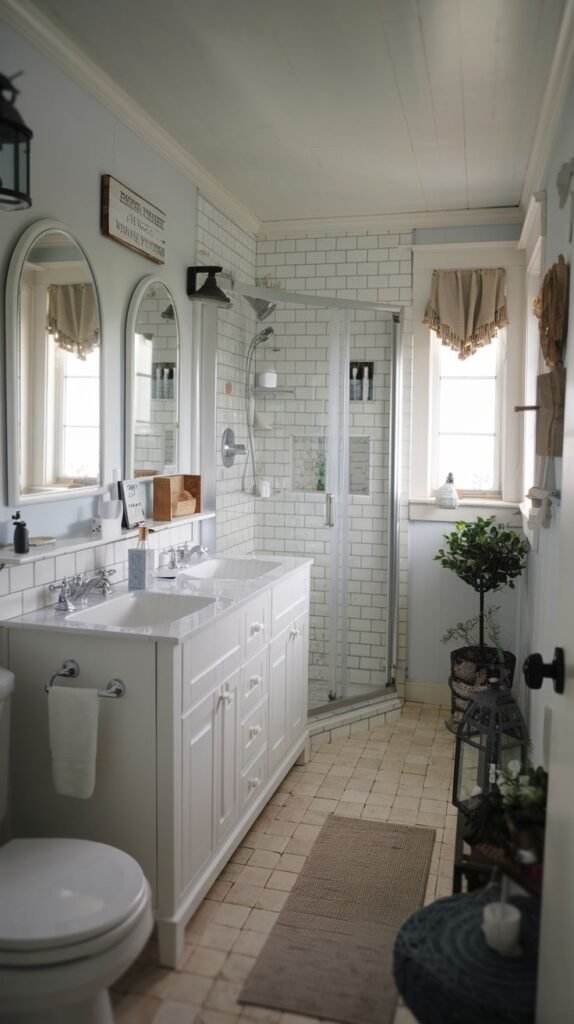 Long white double vanity with dual arched mirrors, light blue walls, white subway tile shower enclosure, light tan small square floor tiles, and ceiling planking in a coastal Beachy Farmhouse Bathroom.