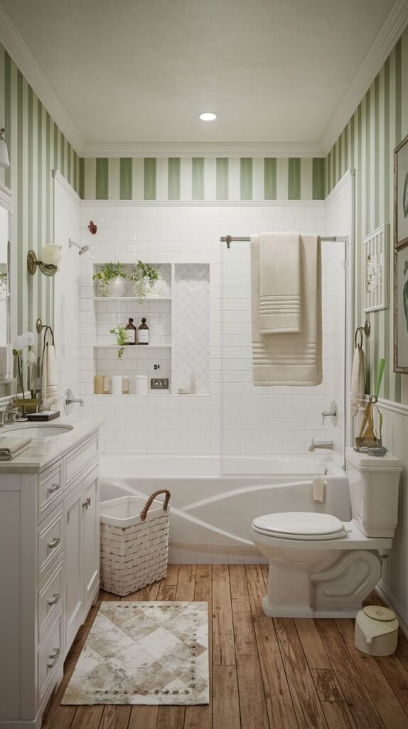 White and green vertical striped wallpaper, white vanity, tub/shower with white subway tile and chevron detail in the niche, and distressed wood plank flooring in a classic Beachy Farmhouse Bathroom.