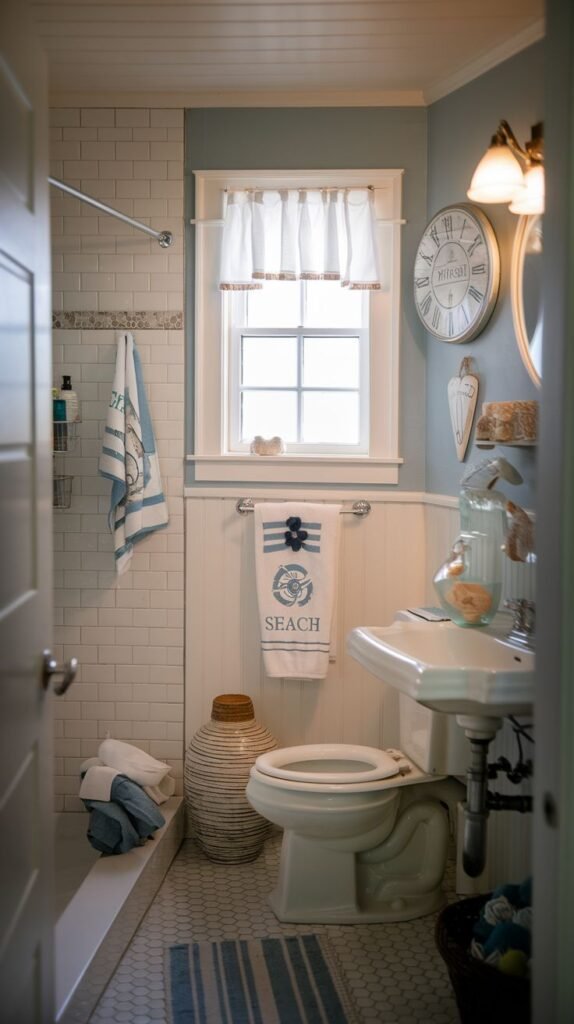 Pedestal sink, light blue-grey walls above white beadboard, small white hexagon floor tiles with a blue striped rug, an oversized nautical wall clock, and a white subway tiled shower in a Beachy Farmhouse Bathroom.