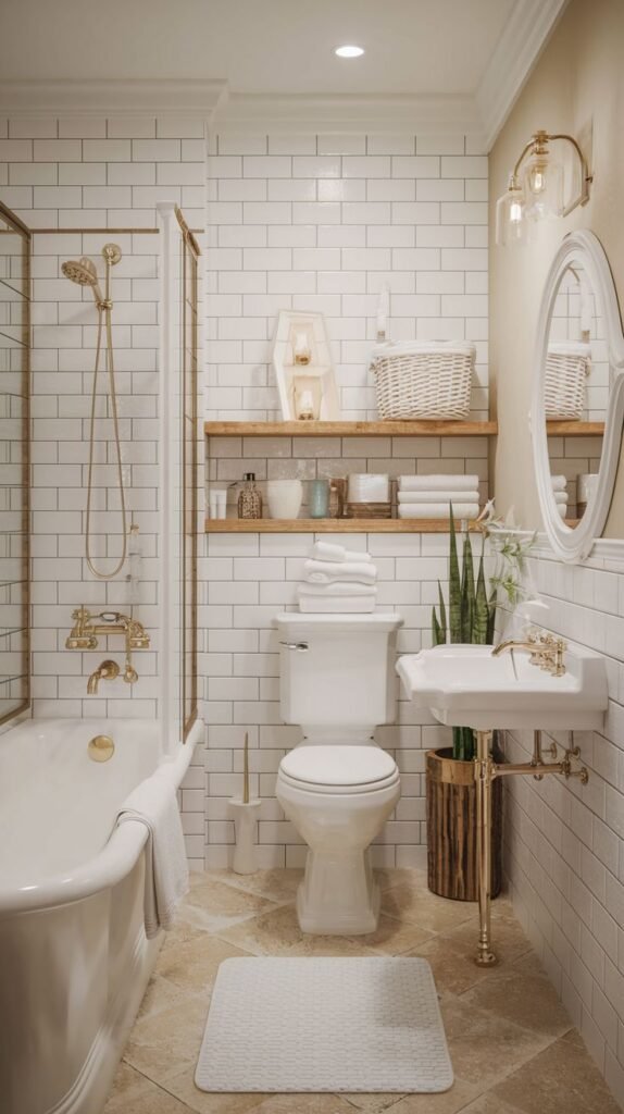 White subway tile walls, white pedestal sink, freestanding tub, exposed gold/brass plumbing and fixtures, a floating wood shelf, and light beige floor tiles in a glamorous Beachy Farmhouse Bathroom.