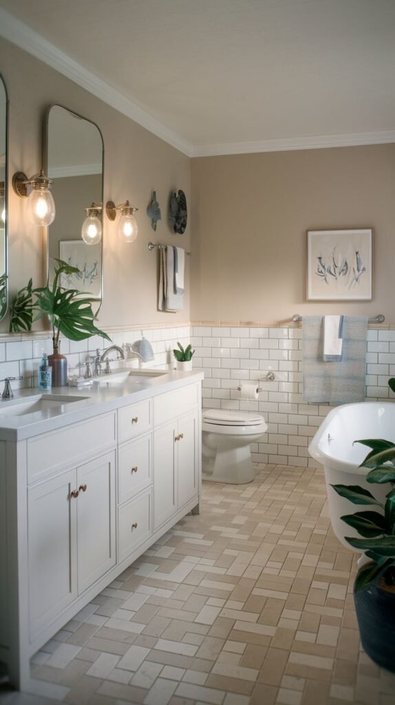 White double vanity with copper pulls, tan upper walls above white subway tile wainscoting, light rectangular floor tiles, large mirrors, and a white freestanding tub in a warm Beachy Farmhouse Bathroom.