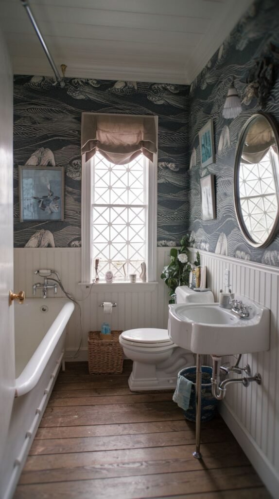 Vintage sink and tub, white beadboard, dark blue wave/nautical patterned wallpaper, distressed wood plank flooring, and a woven basket in a dramatic Beachy Farmhouse Bathroom.