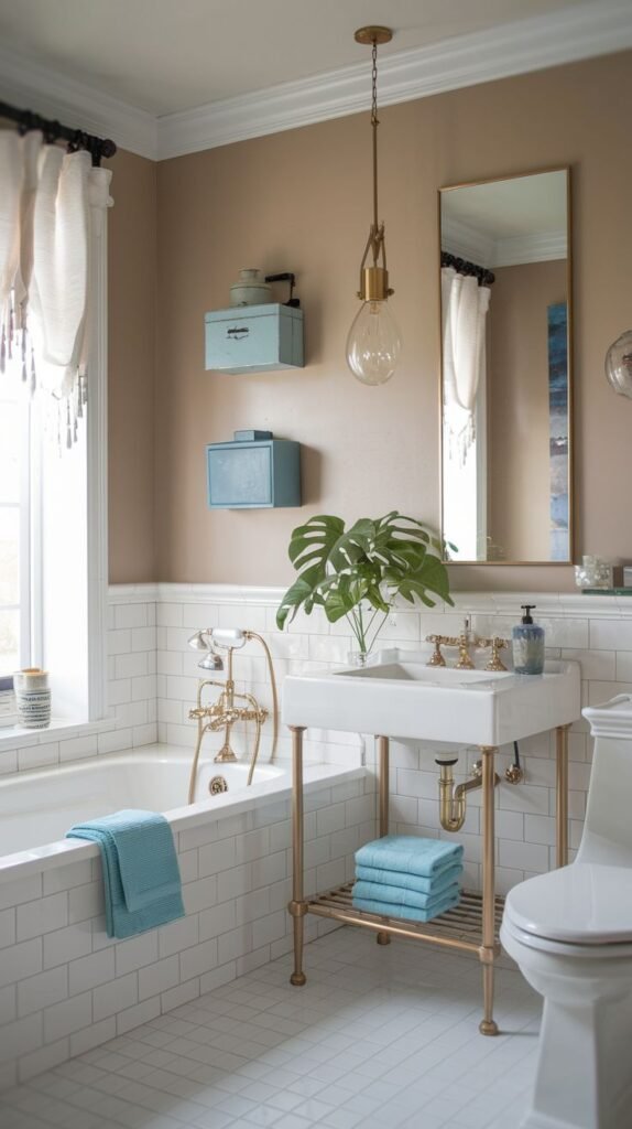 White pedestal sink on a gold/brass pipe stand, tan upper walls above white subway tile, a bathtub with brass fixtures, a single exposed bulb pendant light, and small light blue accents in a chic Beachy Farmhouse Bathroom.
