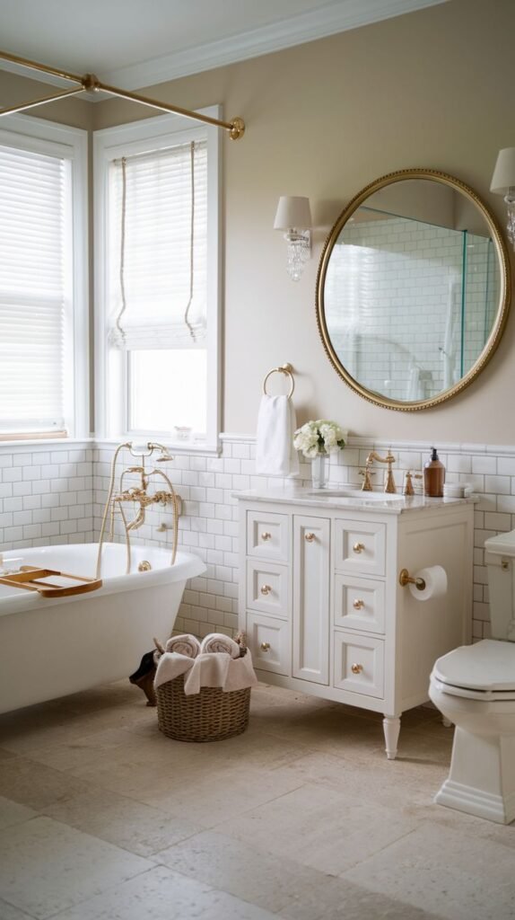 Cream vanity with brass pulls, white subway tile wainscoting, tan upper walls, a round gold-framed mirror, and a white clawfoot tub beneath large windows with blinds in a luxurious Beachy Farmhouse Bathroom.