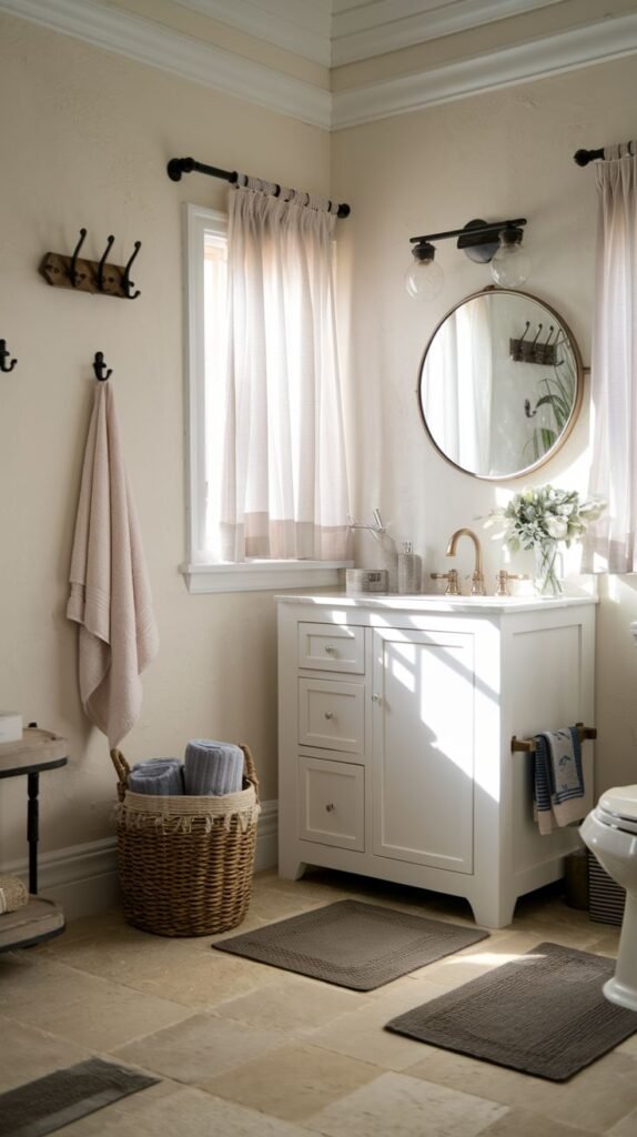 White vanity with gold faucet, warm cream colored walls, light stone floor tiles, sheer white curtains, a rustic wood hook rack, and a large woven basket for towels in a cozy Beachy Farmhouse Bathroom.