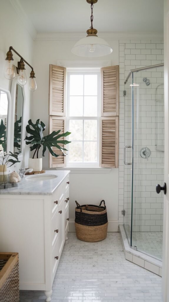 White vanity, white subway tiled shower, small white mosaic floor tiles, and natural wood louvered window shutters next to a two-toned woven basket in a bright Beachy Farmhouse Bathroom.