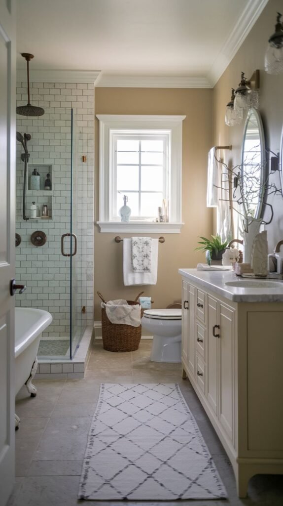 Cream vanity, tan upper walls, white subway tiled combined shower and clawfoot tub area, large neutral floor tiles with a patterned runner rug, and vintage lighting fixtures in a Beachy Farmhouse Bathroom.