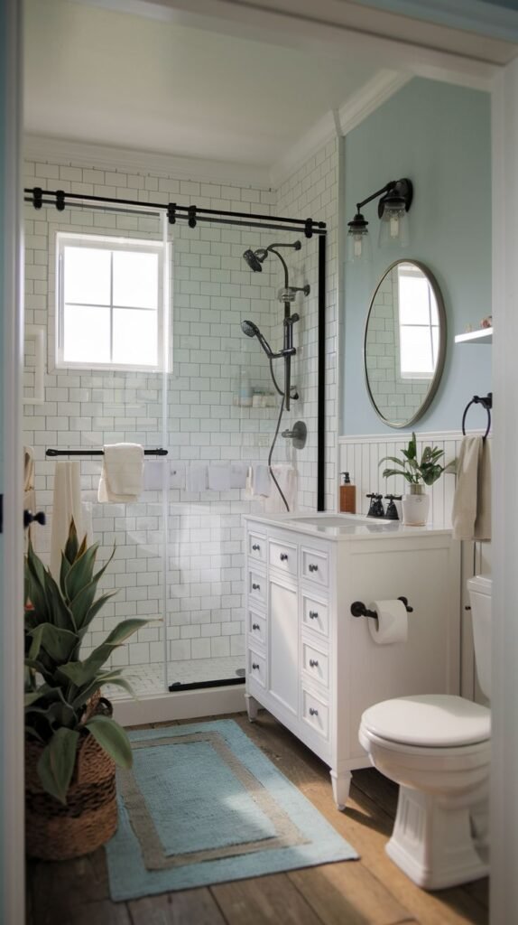 White vanity, light blue walls, wood plank flooring, white subway tiled shower with black barn door sliding hardware, a large potted plant in a basket, and a blue rug in a coastal Beachy Farmhouse Bathroom.