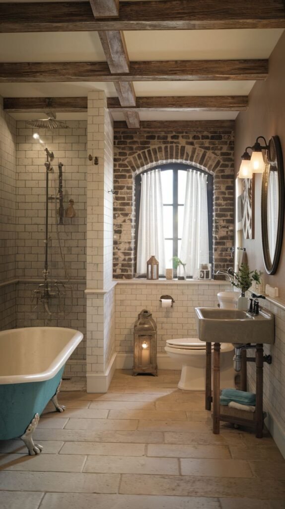 Rustic industrial Beachy Farmhouse Bathroom with exposed wooden ceiling beams, an arched brick window with sheer curtains, a freestanding tub painted teal/turquoise, white subway tile wainscoting and shower walls, and a sink set on a rustic dark wood stand.
