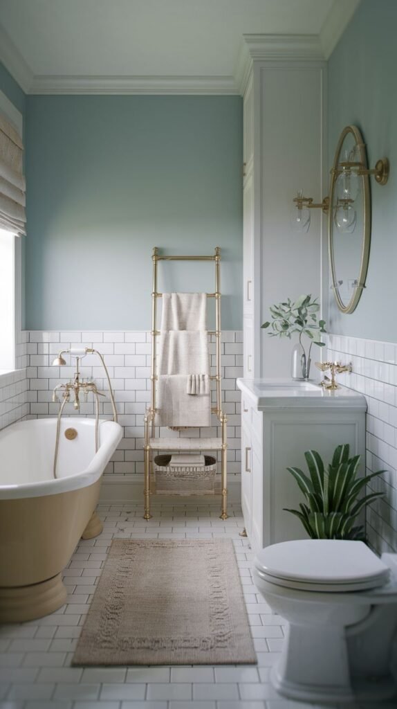 Elegant Beachy Farmhouse Bathroom featuring soft blue-green upper walls above white subway tile, a beige pedestal tub, a white tall cabinet vanity, and luxurious gold and brass accents including a large circular mirror and a decorative ladder towel rack.