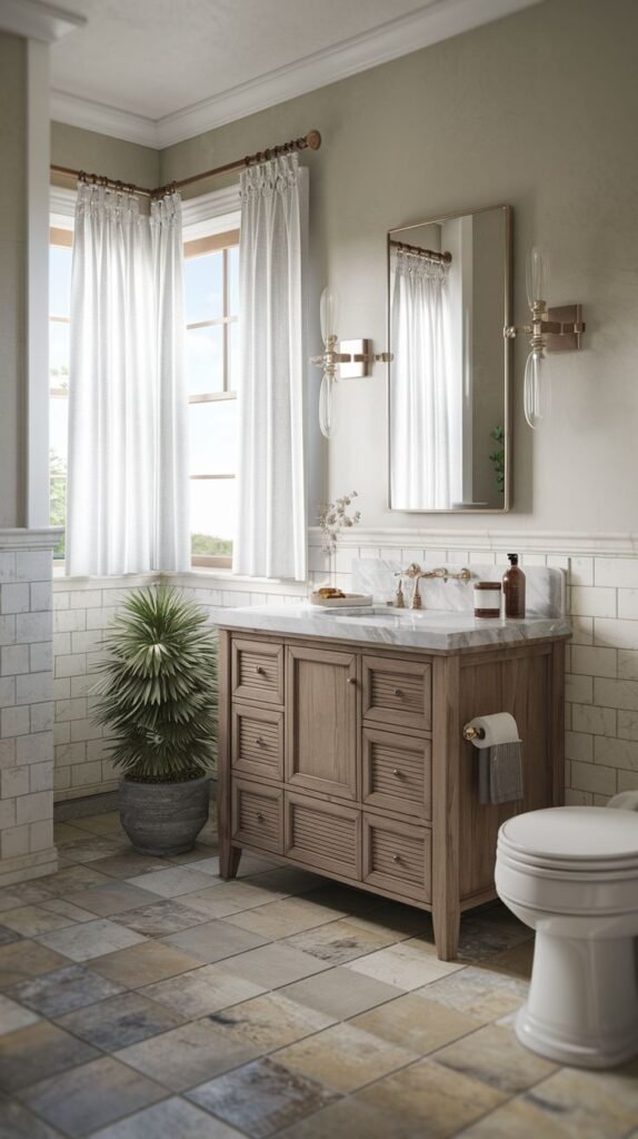 Rustic wood vanity with slatted fronts, marble top, light tan walls, mixed earth-toned floor tiles, white subway tile wainscoting, and a large potted plant, featuring sheer white curtains in a Beachy Farmhouse Bathroom.