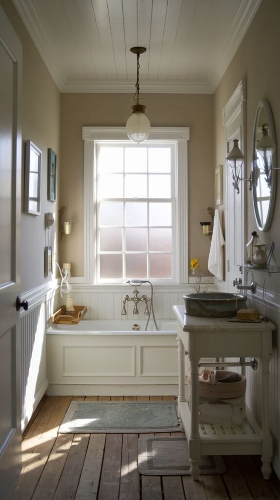 Vintage drop-in tub beneath a large frosted window, light tan walls above white beadboard, distressed wood plank flooring, and a small console sink with vintage hardware in a cozy Beachy Farmhouse Bathroom.