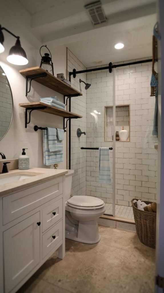 White vanity next to a toilet, white subway tiled shower with black sliding hardware, rustic wood floating shelves with black brackets, and a large brown basket on a concrete-look floor in a Beachy Farmhouse Bathroom.