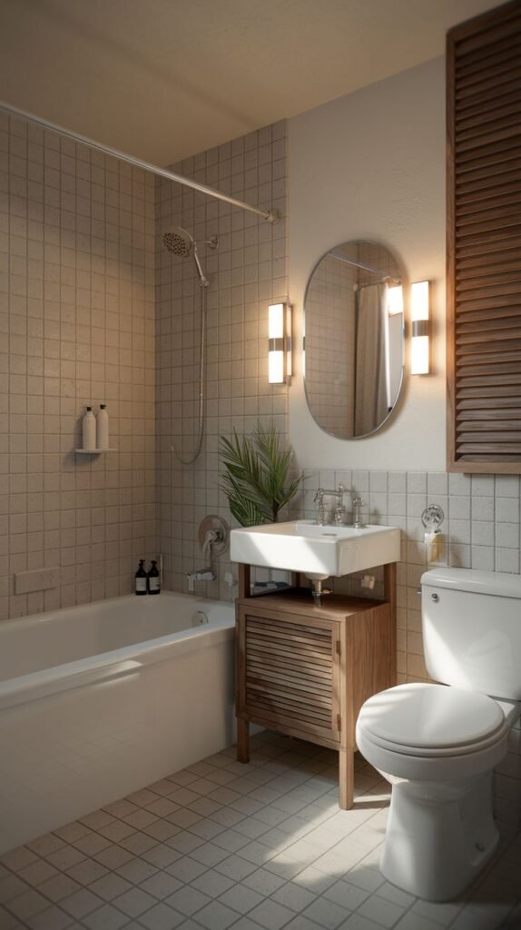 Slatted wood vanity supporting a vessel sink, square light beige wall tiles surrounding the tub, an oval mirror flanked by vertical sconces, and a dark louvered panel accent in a modern Beachy Farmhouse Bathroom.
