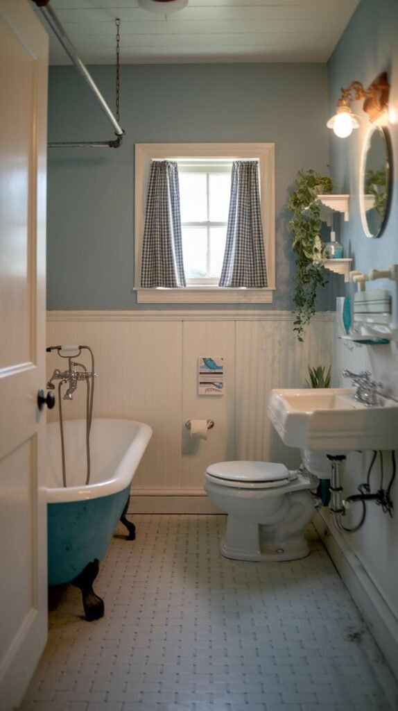 Vintage pedestal sink, white beadboard, light blue walls, small white floor tiles, and a blue-painted clawfoot tub next to a window with blue and white gingham curtains in a Beachy Farmhouse Bathroom.