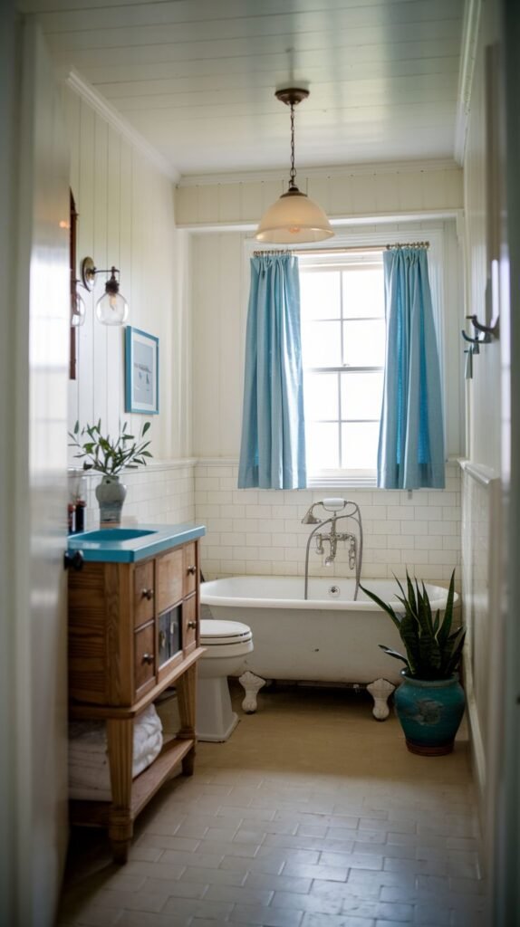 Wooden vanity with drawers and an open shelf topped by a turquoise counter, white paneling on the walls and ceiling, a white clawfoot tub, and bright blue curtains framing the window in a Beachy Farmhouse Bathroom.