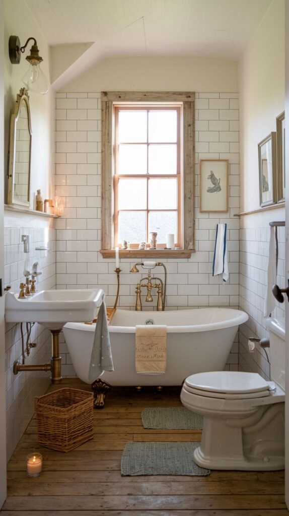 White subway tile walls, rustic wood plank flooring, a freestanding tub, a wall-mounted sink, and vintage brass fixtures, with a raw wood window frame in a traditional Beachy Farmhouse Bathroom.