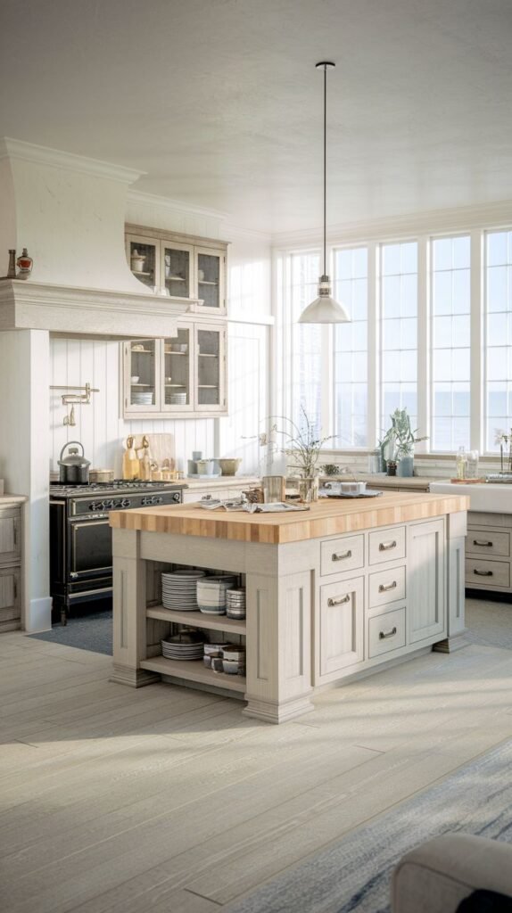 An exceptionally bright and airy kitchen dominated by a large, multi-paned grid window that spans the back wall. The floor consists of very pale, wide wood planks. The light gray or greige central island has drawers and a thick, warm butcher block countertop. Glass-fronted upper cabinets flank the range area.