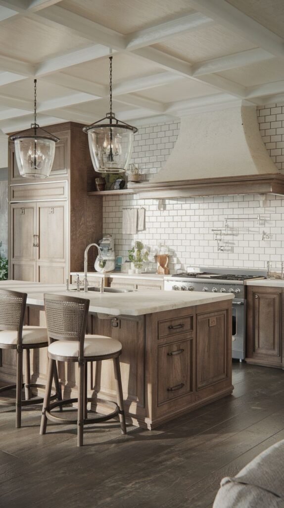 A traditional kitchen defined by a white coffered ceiling and rich, medium-dark wood cabinetry with an aged look. A white subway tile backsplash provides contrast. Two large glass hurricane lanterns with dark metal accents hang over the central wood island.