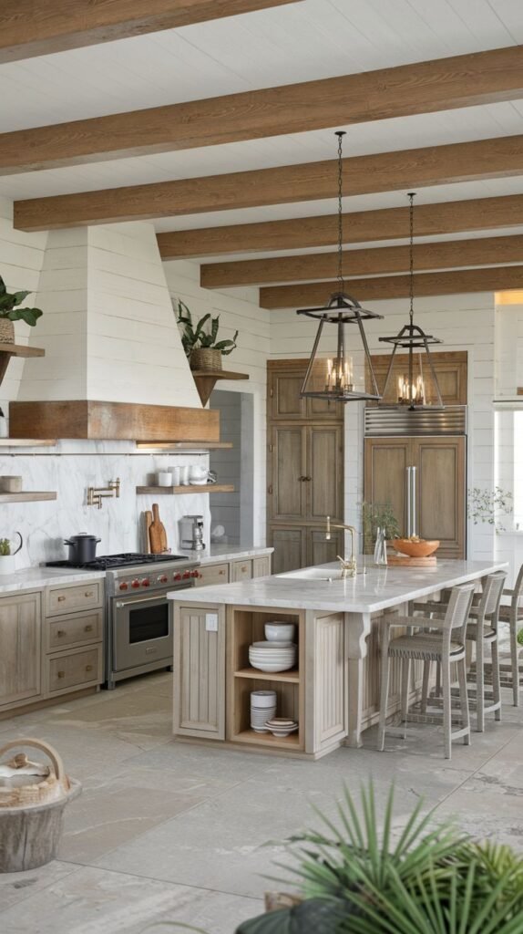 An airy coastal farmhouse kitchen with wide white shiplap walls and a white planked ceiling accented by exposed wood beams. The floor is large, light gray stone tile. The cabinets and island are finished in a light gray-washed wood, and the long island provides ample seating with woven barstools.