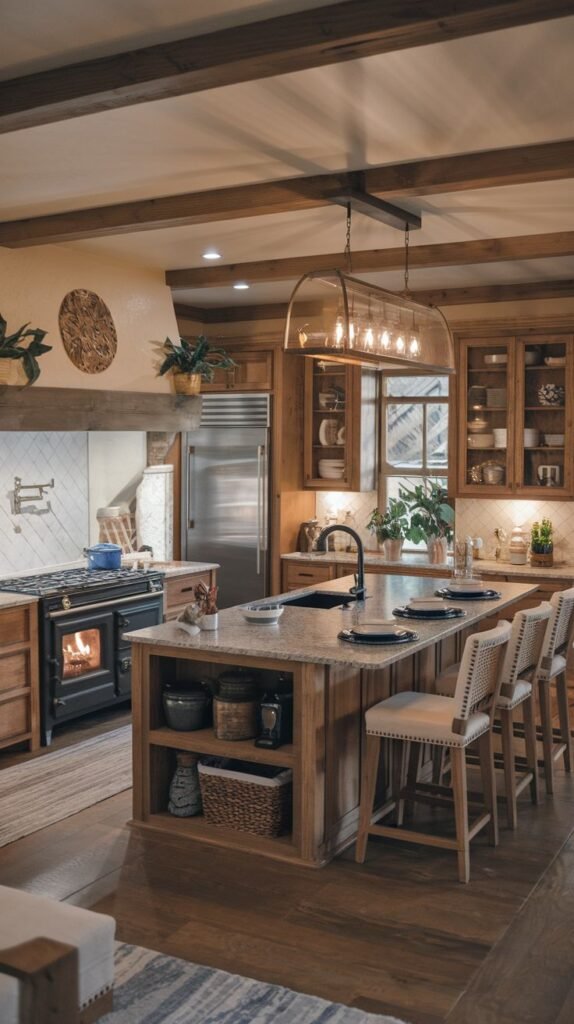 A cozy, richly toned farmhouse kitchen featuring warm, medium-stained wood used for all cabinets, the island, and ceiling beams. The central island provides open shelving for storage. A traditional black range cooker is visible, and the island is lit by a long, horizontal glass and metal light fixture.